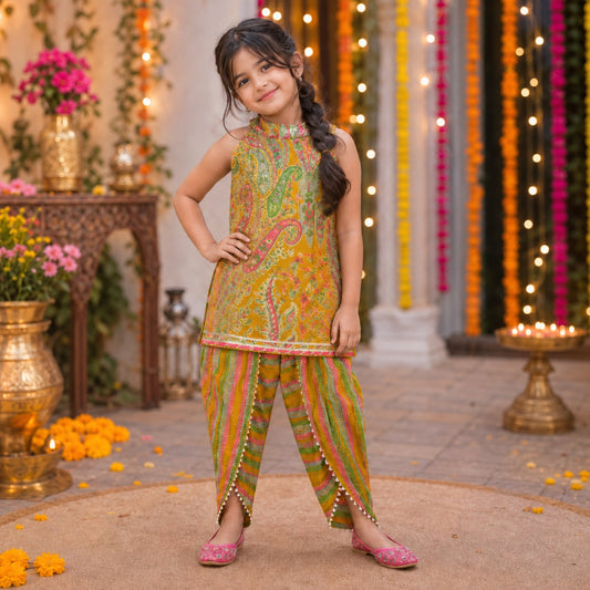 The Magic Wand Cambric Woven Paisley Incut Kurti And Stiped Dhoti Set - Mustard