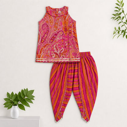 The Magic Wand Cambric Woven Paisley Incut Kurti And Striped Dhoti Set - Fuchsia