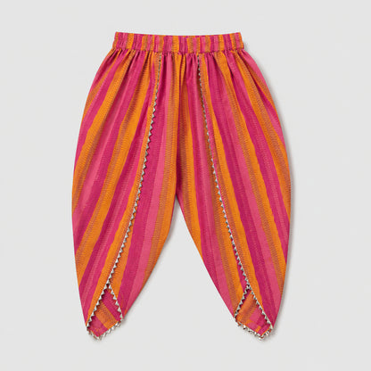 The Magic Wand Cambric Woven Paisley Incut Kurti And Striped Dhoti Set - Fuchsia