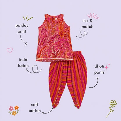 The Magic Wand Cambric Woven Paisley Incut Kurti And Striped Dhoti Set - Fuchsia