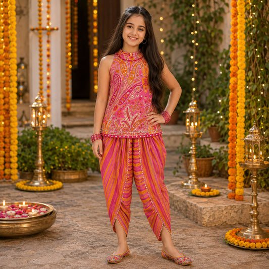 The Magic Wand Cambric Woven Paisley Incut Kurti And Striped Dhoti Set - Fuchsia
