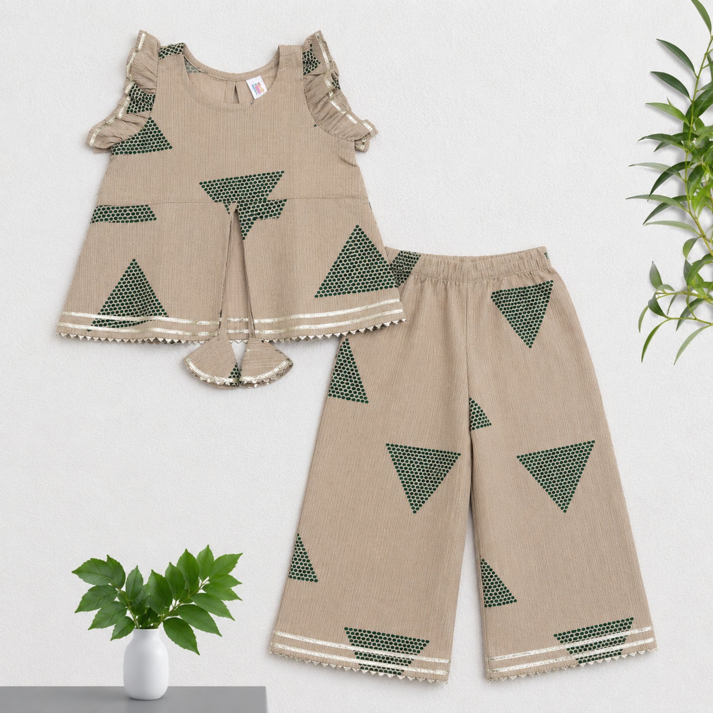 The Magic Wand Cambric Woven Frill Sleeves Geometric Printed Top And Pant Set - Green