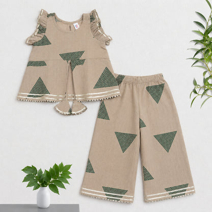 The Magic Wand Cambric Woven Frill Sleeves Geometric Printed Top And Pant Set - Green
