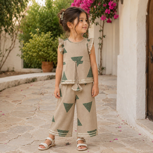 The Magic Wand Cambric Woven Frill Sleeves Geometric Printed Top And Pant Set - Green