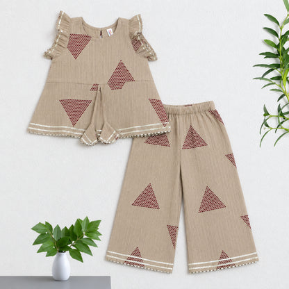 The Magic Wand Cambric Woven Frill Sleeves Geometric Printed Top And Pant Set - Maroon