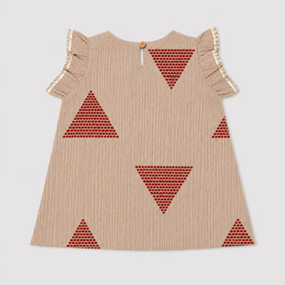 The Magic Wand Cambric Woven Frill Sleeves Geometric Printed Top And Pant Set - Maroon