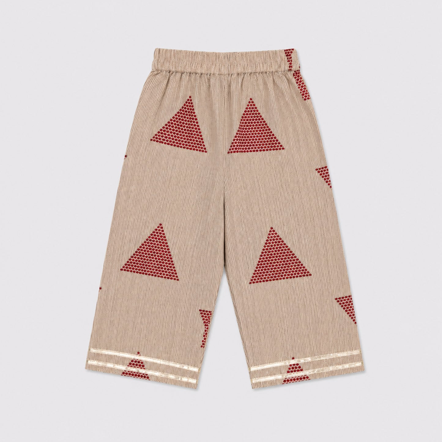 The Magic Wand Cambric Woven Frill Sleeves Geometric Printed Top And Pant Set - Maroon
