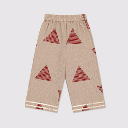 The Magic Wand Cambric Woven Frill Sleeves Geometric Printed Top And Pant Set - Maroon