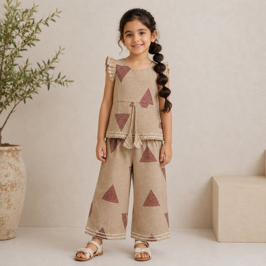 The Magic Wand Cambric Woven Frill Sleeves Geometric Printed Top And Pant Set - Maroon