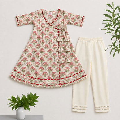 The Magic Wand Cambric Woven Floral Buta Printed Angrakha Kurta And Pant Set - Fuchsia