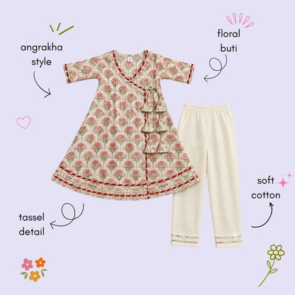 The Magic Wand Cambric Woven Floral Buta Printed Angrakha Kurta And Pant Set - Fuchsia