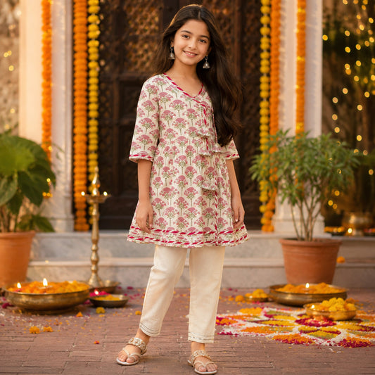 The Magic Wand Cambric Woven Floral Buta Printed Angrakha Kurta And Pant Set - Fuchsia