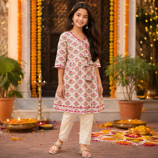 The Magic Wand Cambric Woven Floral Buta Printed Angrakha Kurta And Pant Set - Fuchsia
