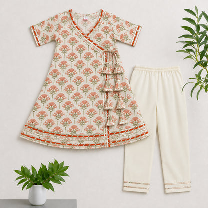 The Magic Wand Cambric Woven Floral Buta Printed Angrakha Kurta And Pant Set - Orange