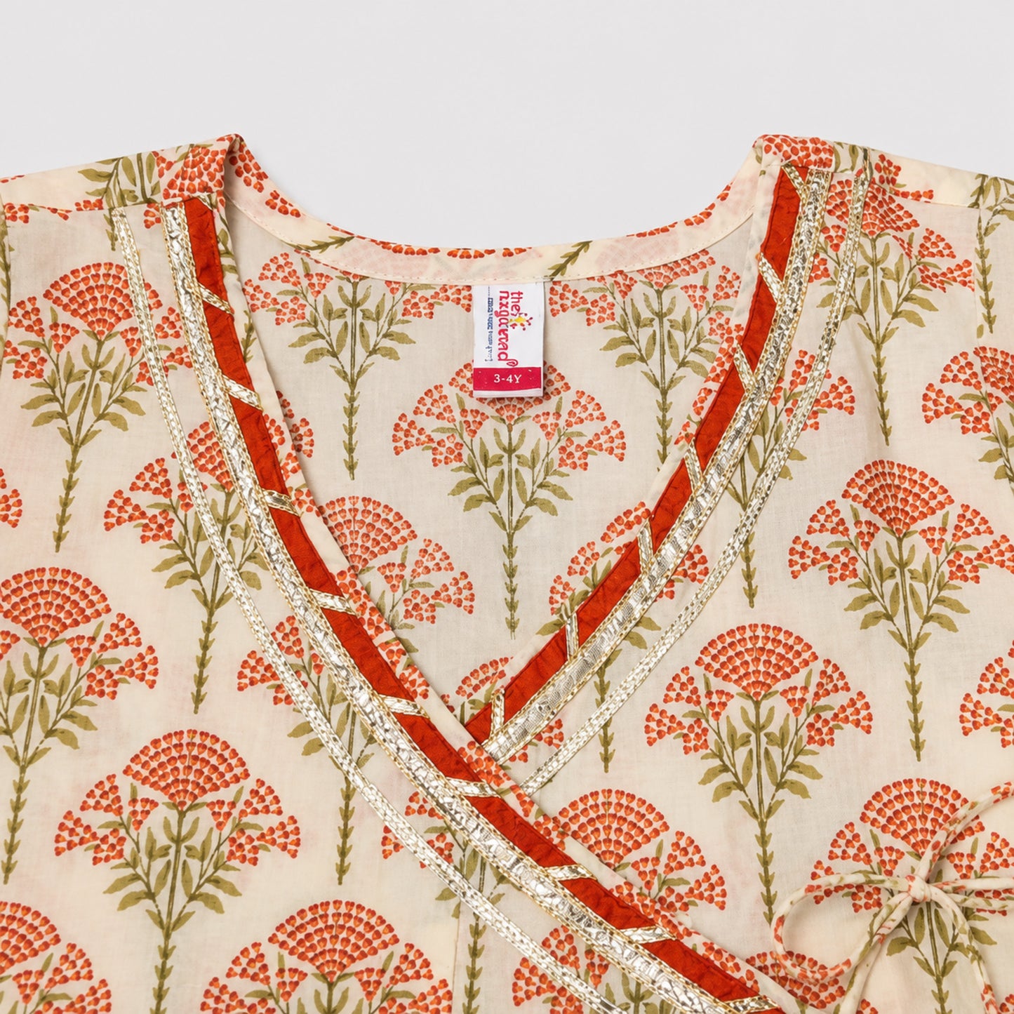 The Magic Wand Cambric Woven Floral Buta Printed Angrakha Kurta And Pant Set - Orange