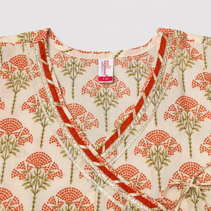 The Magic Wand Cambric Woven Floral Buta Printed Angrakha Kurta And Pant Set - Orange