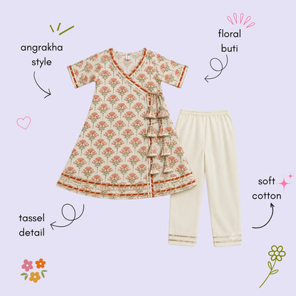 The Magic Wand Cambric Woven Floral Buta Printed Angrakha Kurta And Pant Set - Orange