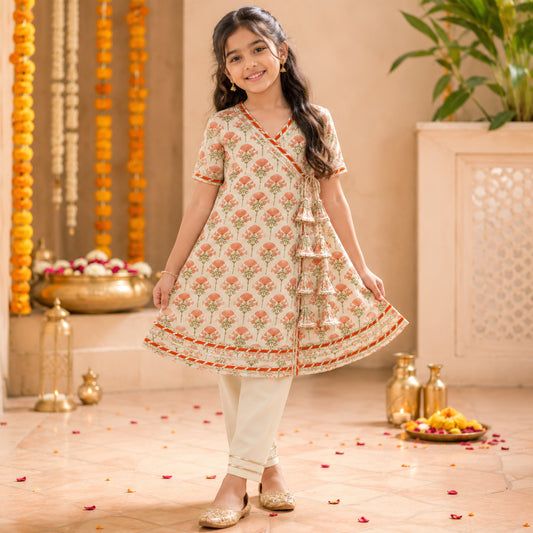 The Magic Wand Cambric Woven Floral Buta Printed Angrakha Kurta And Pant Set - Orange