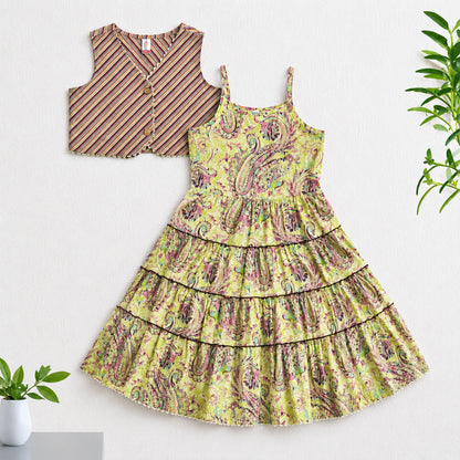 The Magic Wand Cambric Woven Paisley Printed Tiered Dress And Stripe Waistcoat - Pink