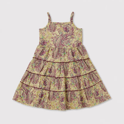 The Magic Wand Cambric Woven Paisley Printed Tiered Dress And Stripe Waistcoat - Pink