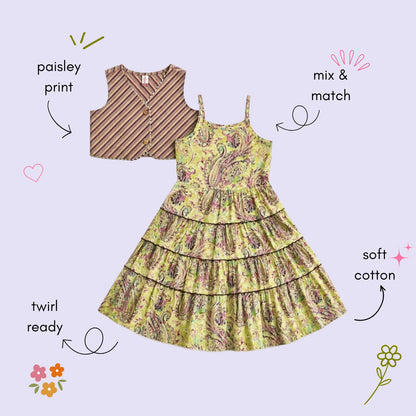 The Magic Wand Cambric Woven Paisley Printed Tiered Dress And Stripe Waistcoat - Pink
