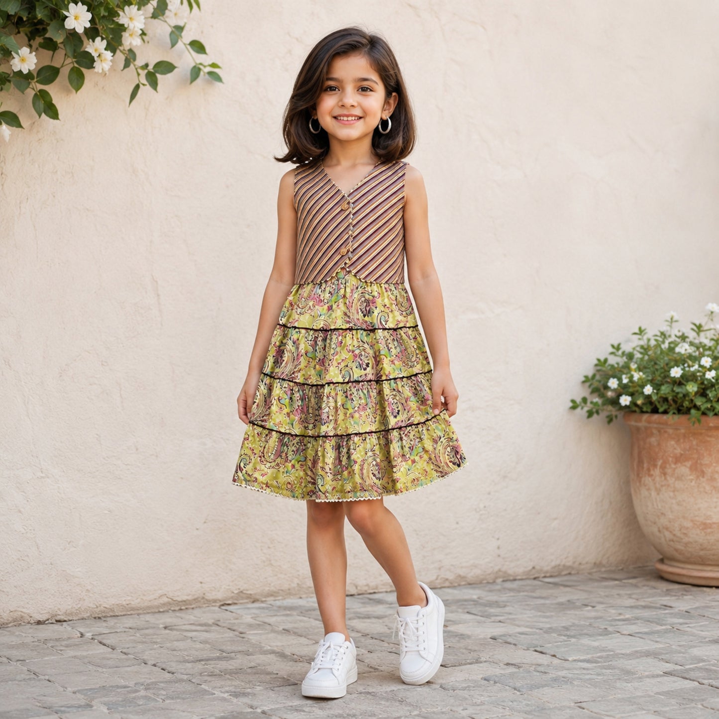 The Magic Wand Cambric Woven Paisley Printed Tiered Dress And Stripe Waistcoat - Pink