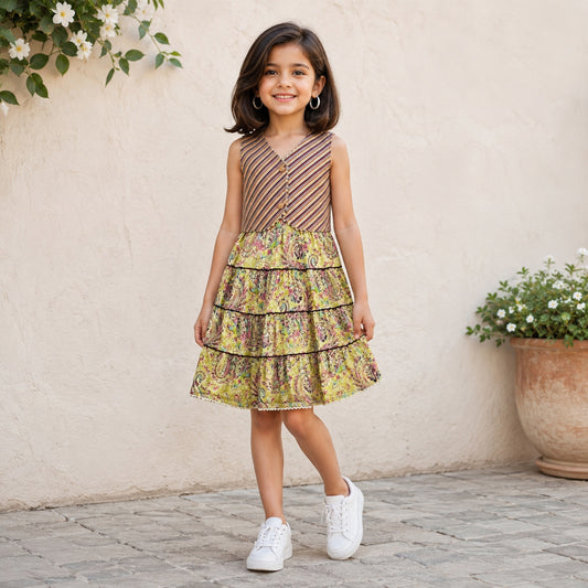 The Magic Wand Cambric Woven Paisley Printed Tiered Dress And Stripe Waistcoat - Pink