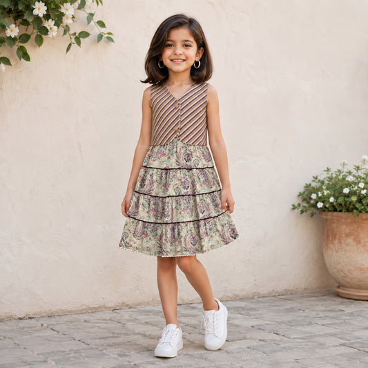 The Magic Wand Cambric Woven Paisley Printed Tiered Dress And Stripe Waistcoat - Pink