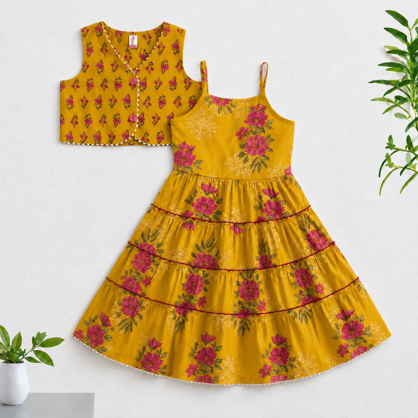 The Magic Wand Cambric Woven Floral Printed Tiered Dress And Waistcoat - Yellow
