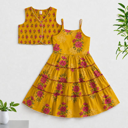 The Magic Wand Cambric Woven Floral Printed Tiered Dress And Waistcoat - Yellow