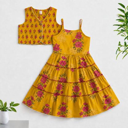 The Magic Wand Cambric Woven Floral Printed Tiered Dress And Waistcoat - Yellow