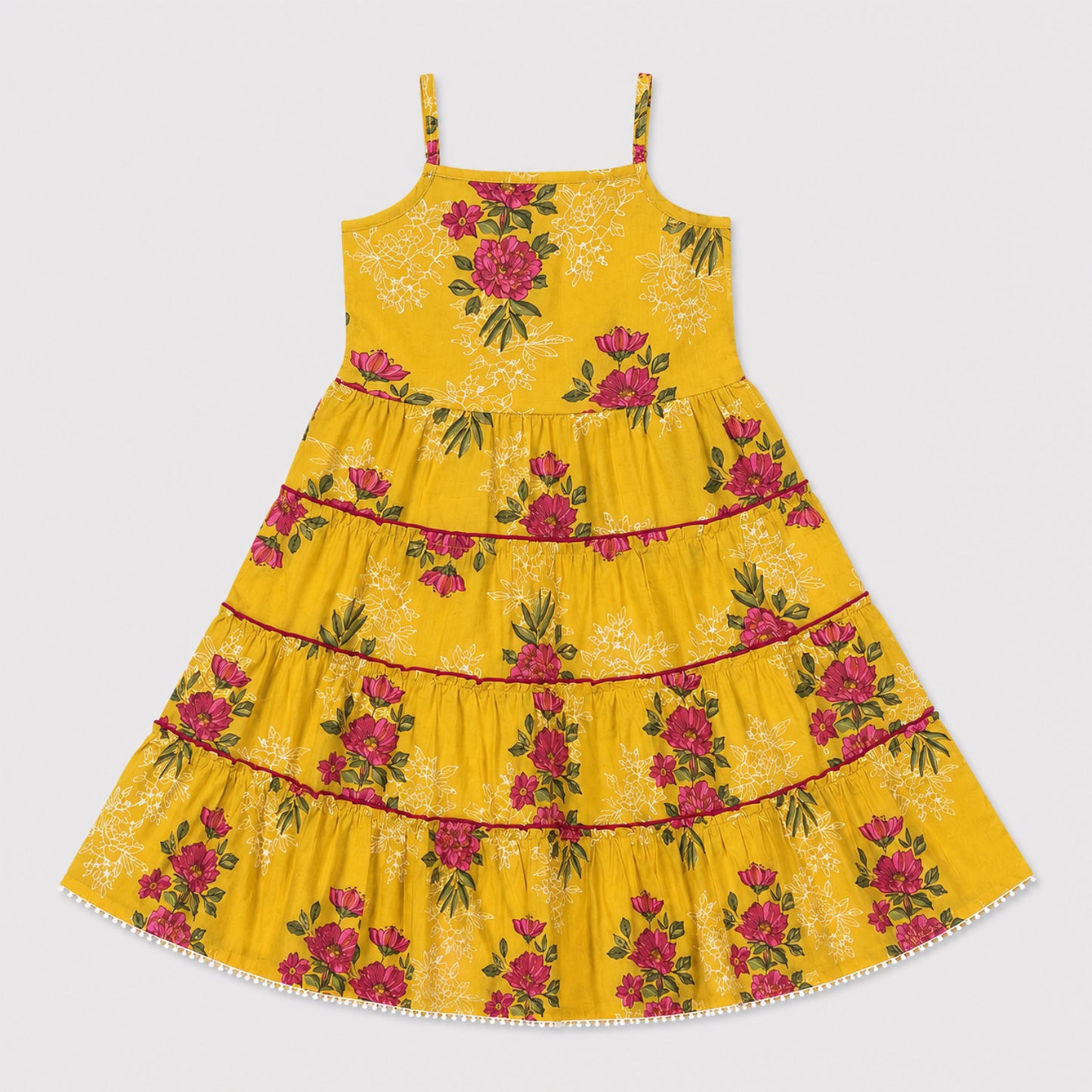 The Magic Wand Cambric Woven Floral Printed Tiered Dress And Waistcoat - Yellow