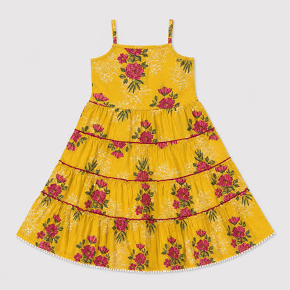 The Magic Wand Cambric Woven Floral Printed Tiered Dress And Waistcoat - Yellow