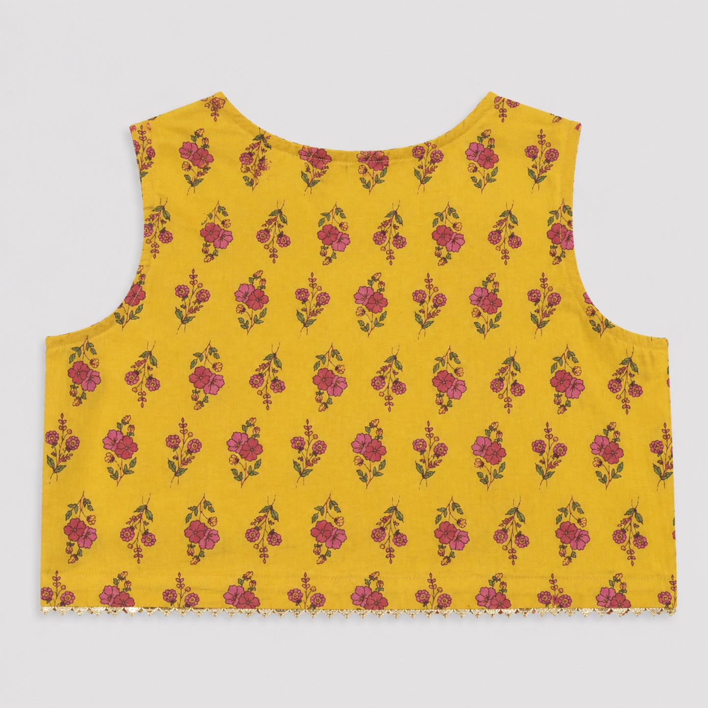 The Magic Wand Cambric Woven Floral Printed Tiered Dress And Waistcoat - Yellow