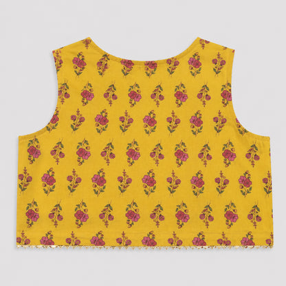 The Magic Wand Cambric Woven Floral Printed Tiered Dress And Waistcoat - Yellow