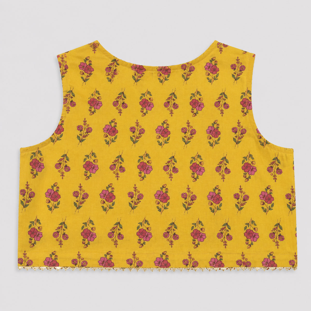 The Magic Wand Cambric Woven Floral Printed Tiered Dress And Waistcoat - Yellow
