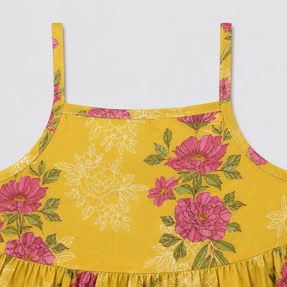 The Magic Wand Cambric Woven Floral Printed Tiered Dress And Waistcoat - Yellow