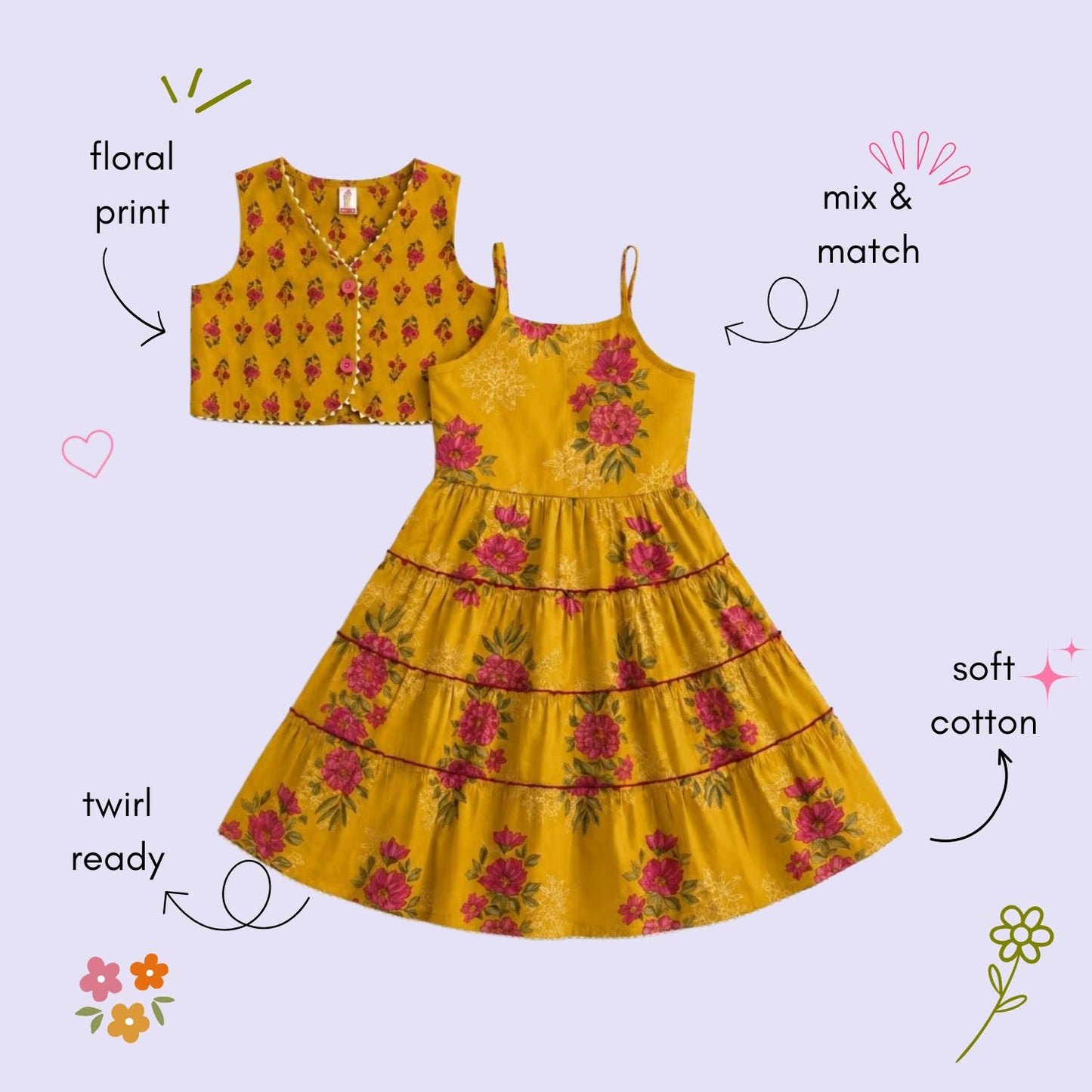 The Magic Wand Cambric Woven Floral Printed Tiered Dress And Waistcoat - Yellow