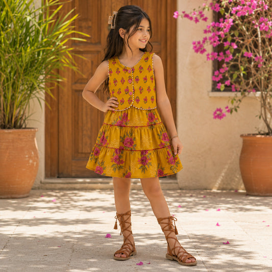 The Magic Wand Cambric Woven Floral Printed Tiered Dress And Waistcoat - Yellow
