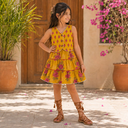 The Magic Wand Cambric Woven Floral Printed Tiered Dress And Waistcoat - Yellow