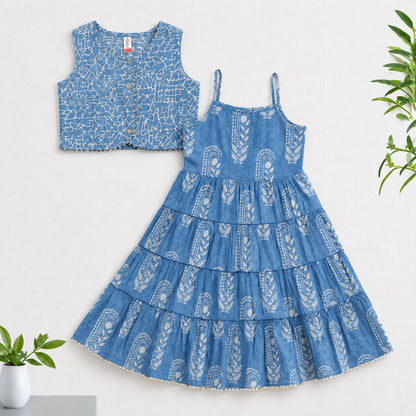 The Magic Wand Cambric Woven Paisley Printed Tiered Dress And Stripe Waistcoat - Blue