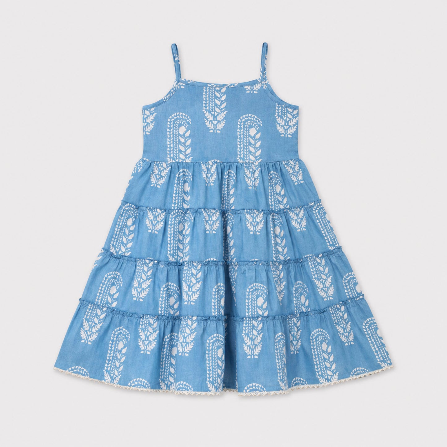 The Magic Wand Cambric Woven Paisley Printed Tiered Dress And Stripe Waistcoat - Blue