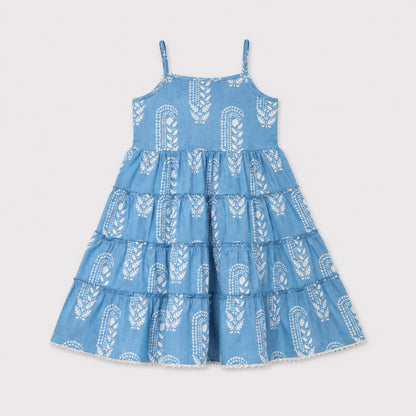 The Magic Wand Cambric Woven Paisley Printed Tiered Dress And Stripe Waistcoat - Blue
