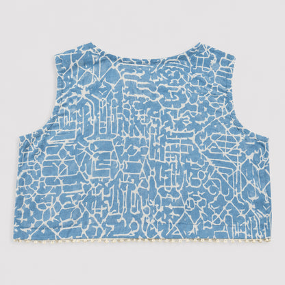 The Magic Wand Cambric Woven Paisley Printed Tiered Dress And Stripe Waistcoat - Blue
