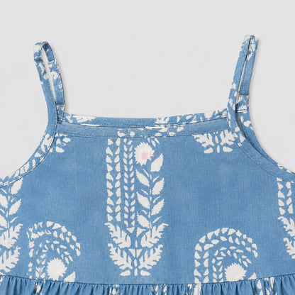 The Magic Wand Cambric Woven Paisley Printed Tiered Dress And Stripe Waistcoat - Blue