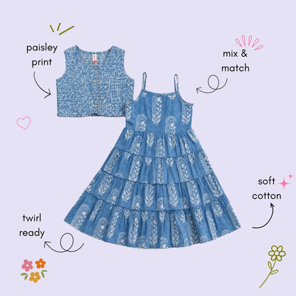 The Magic Wand Cambric Woven Paisley Printed Tiered Dress And Stripe Waistcoat - Blue