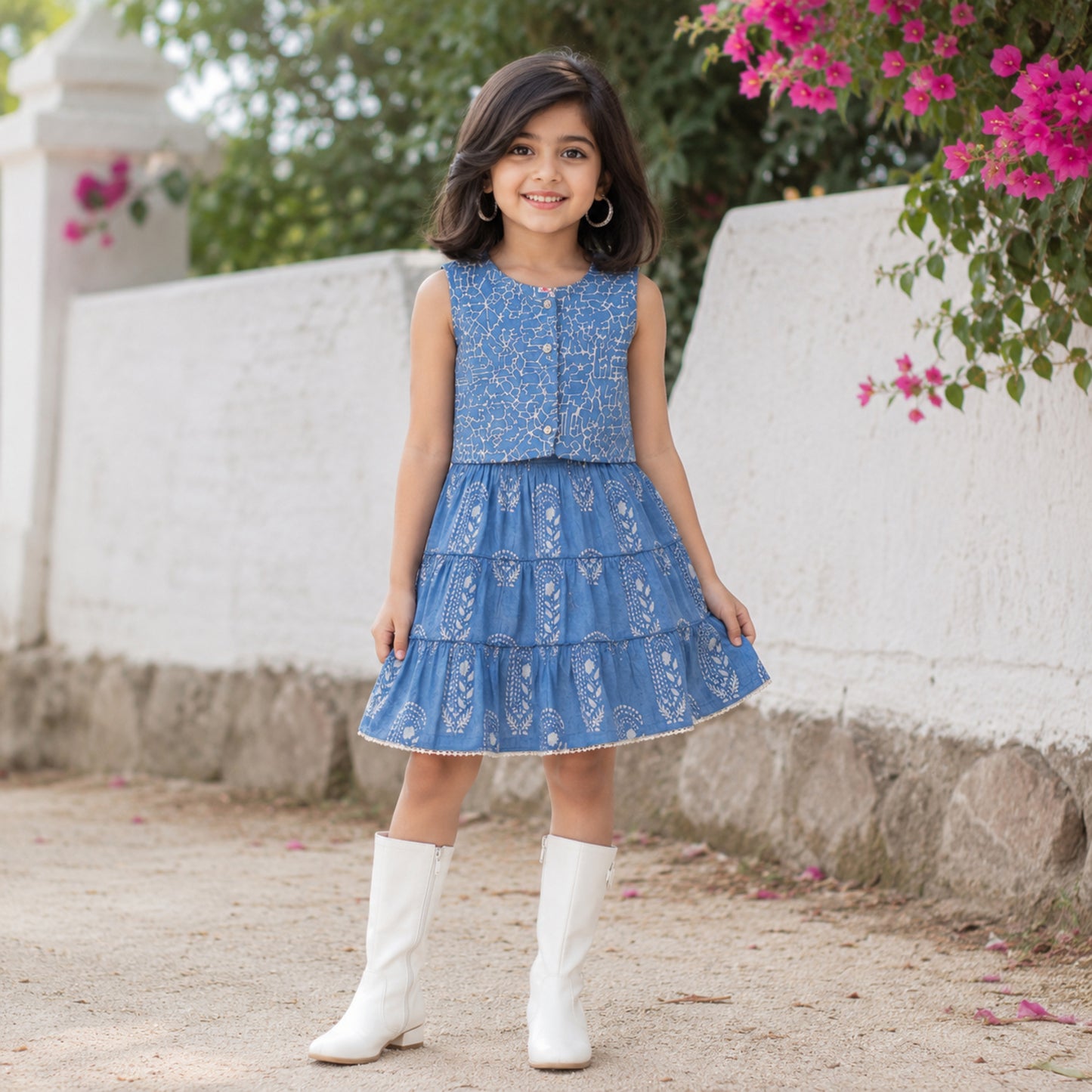 The Magic Wand Cambric Woven Paisley Printed Tiered Dress And Stripe Waistcoat - Blue