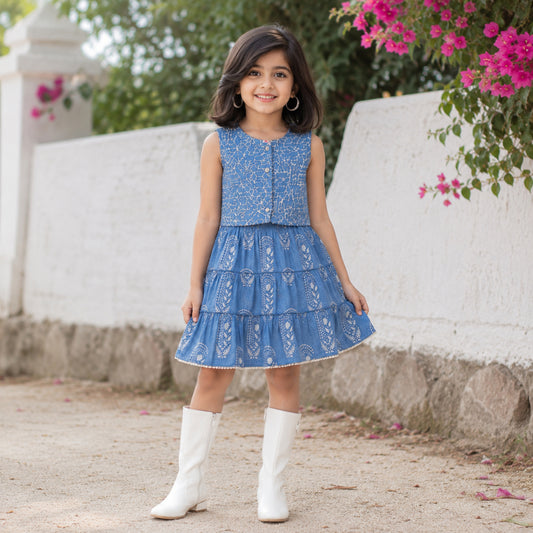 The Magic Wand Cambric Woven Paisley Printed Tiered Dress And Stripe Waistcoat - Blue