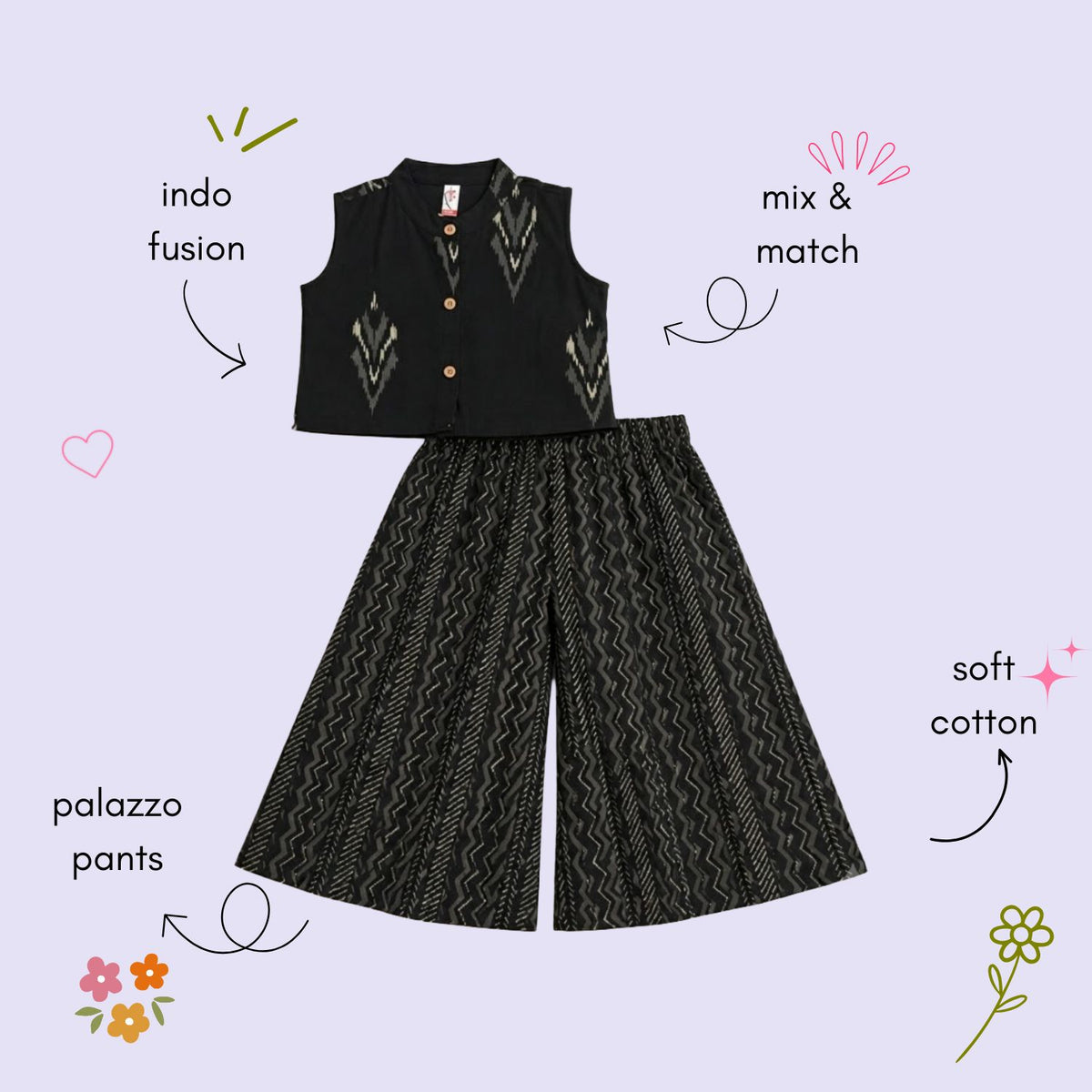 The Magic Wand Cotton Woven Ikat Printed Waiscoat And Chevron Printed Palazzo - Black