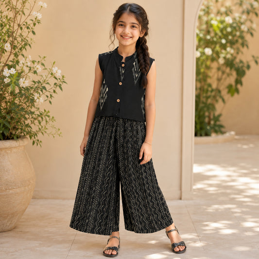 The Magic Wand Cotton Woven Ikat Printed Waiscoat And Chevron Printed Palazzo - Black